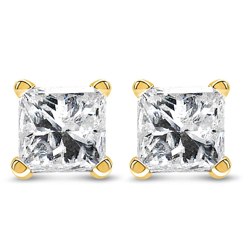 IGI Certified 14k Yellow Gold 1/3 cttw 4-Prong Set Princess-Cut Solitaire Diamond Push Back Stud Earrings (N-O Color, SI1-SI2 Clarity)