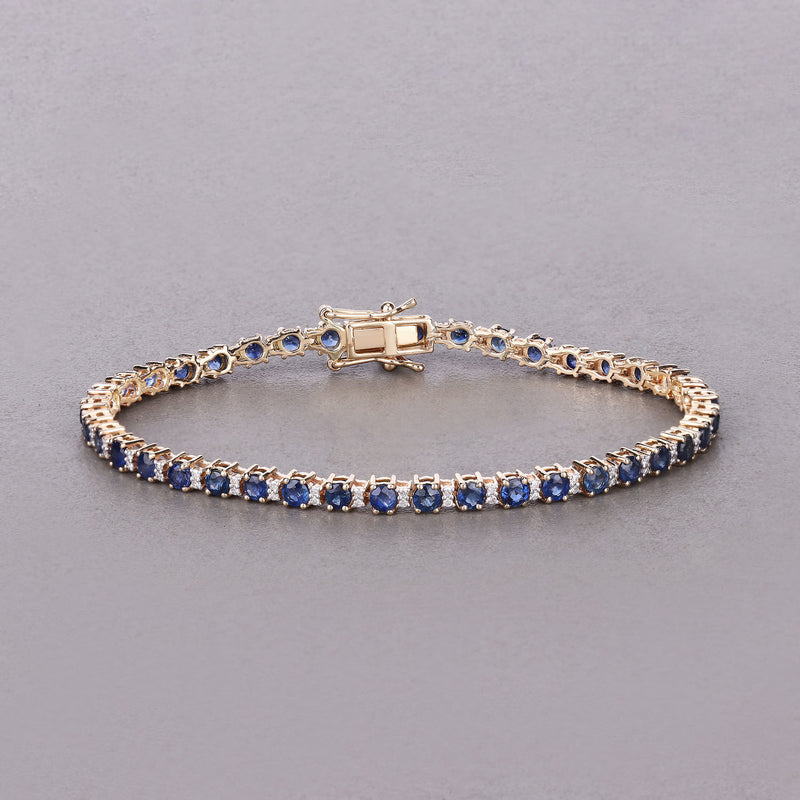 5.56 Carat Genuine Blue Sapphire and White Diamond 14K Yellow Gold Bracelet