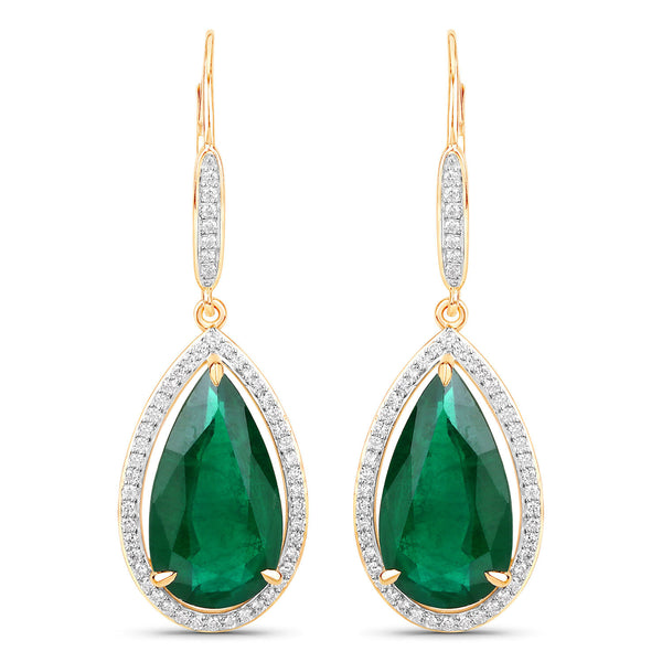 IGI Certified 16.15 Carat Genuine Zambian Emerald and White Diamond 14K Yellow Gold Earrings