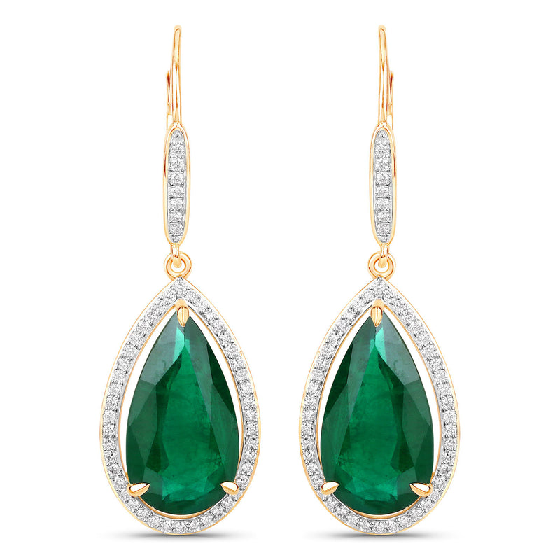 IGI Certified 16.15 Carat Genuine Zambian Emerald and White Diamond 14K Yellow Gold Earrings