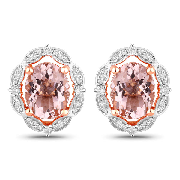 3.52 Carat Genuine Morganite and White Diamond 14K Rose Gold Earrings