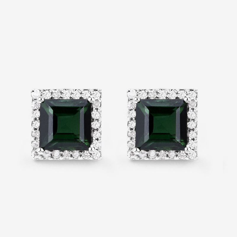 1.55 Carat Genuine Green Tourmaline and White Diamond 14K White Gold Earrings