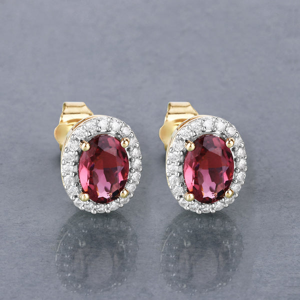 1.64 Carat Genuine Pink Tourmaline and White Diamond 14K Yellow Gold Earrings