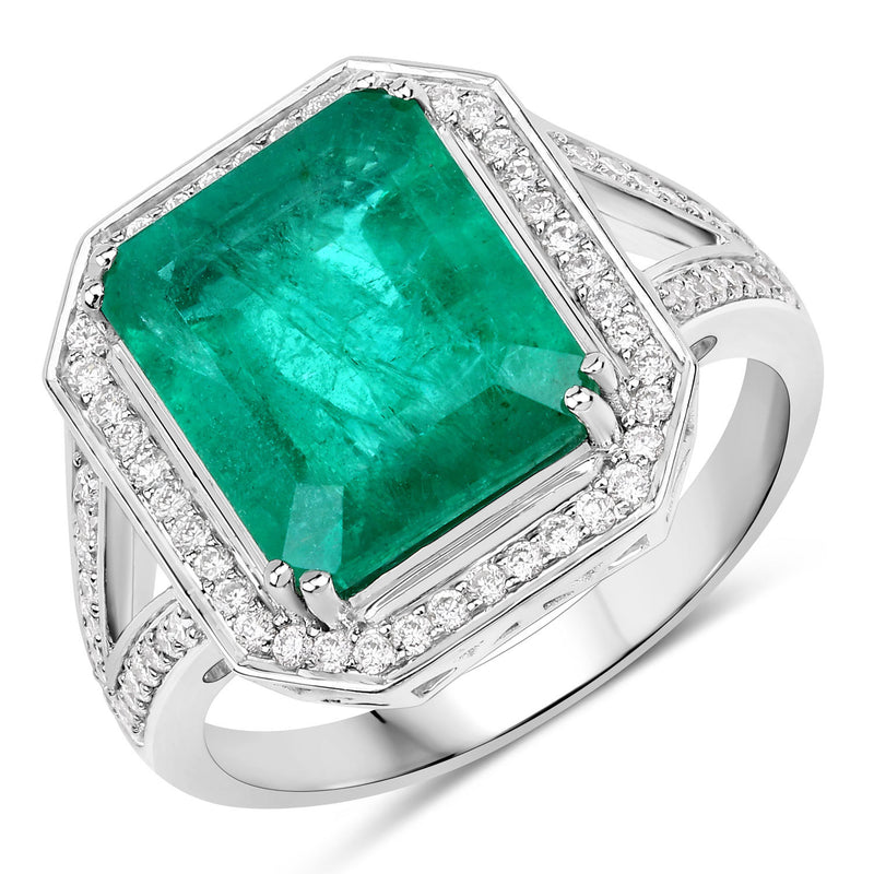 IGI Certified 5.13 Carat Genuine Zambian Emerald and White Diamond 14K White Gold Ring