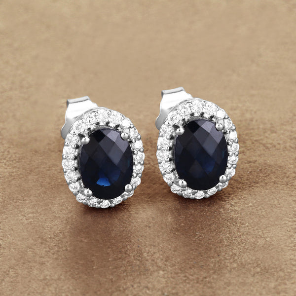 2.38 Carat Genuine Blue Sapphire and White Diamond 14K White Gold Earrings