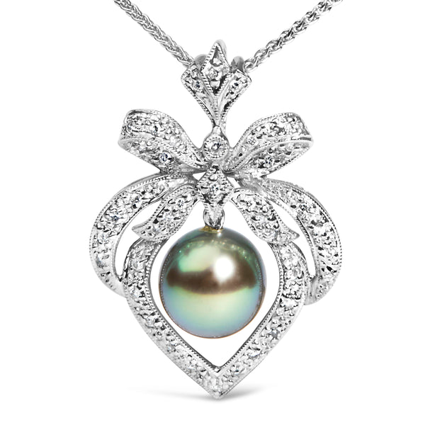 18K 3/4 Cttw Diamond and 12.5 MM Cultured Black Tahitian Pearl Heart Pendant Necklace (G-H Color, SI1-SI2 Clarity) - 18" Inches