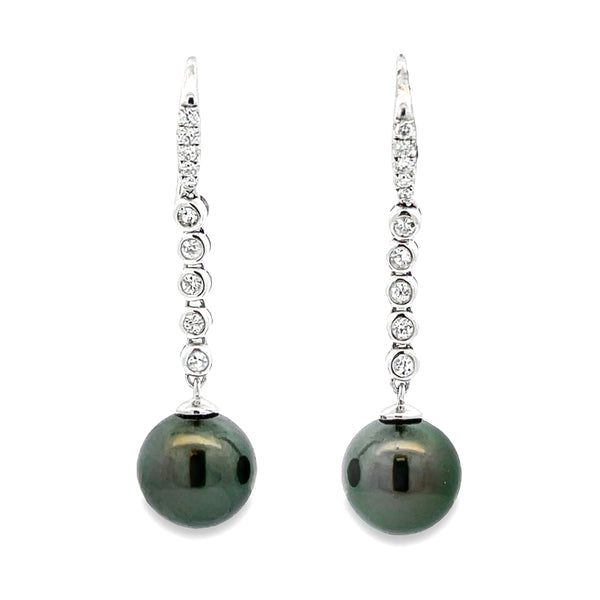 Tahitian Pearl Diamond Dangle Earrings 14KT White Gold