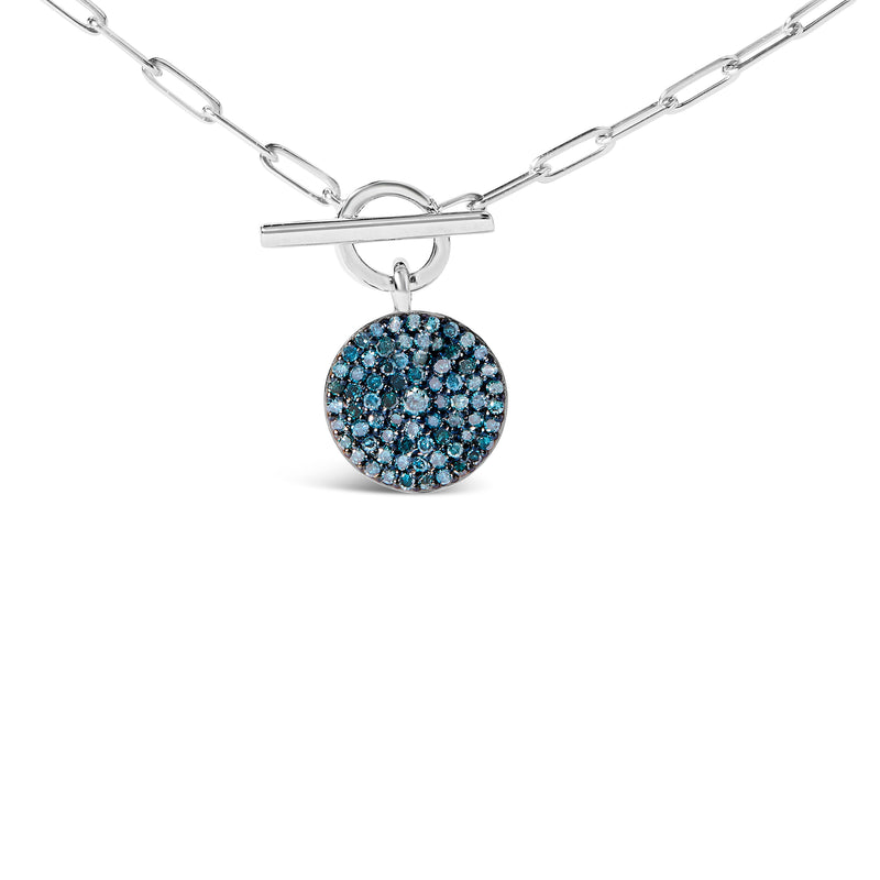 .925 Sterling Silver 3/8 Cttw Blue Diamond Medallion with Toggle Bale Paperclip Chain Pendant Necklace (Blue Color, SI1-SI2 Clarity) - 18" Inches