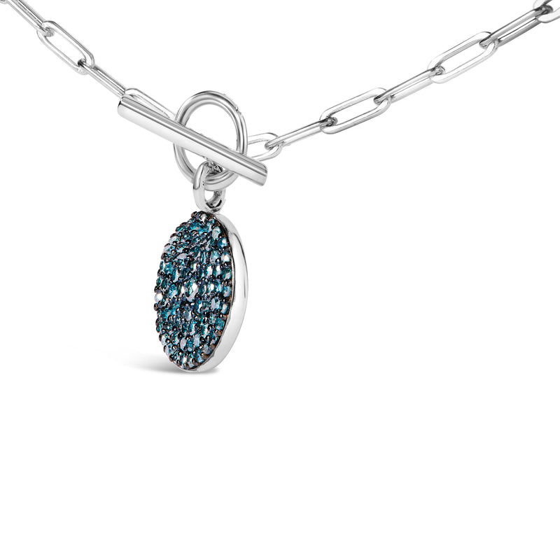 .925 Sterling Silver 3/8 Cttw Blue Diamond Medallion with Toggle Bale Paperclip Chain Pendant Necklace (Blue Color, SI1-SI2 Clarity) - 18" Inches