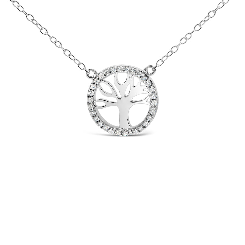 .925 Sterling Silver 1/6 Cttw Diamond Tree of Life and Circle 18" Pendant Necklace (H-I Color, I1-I2 Clarity)