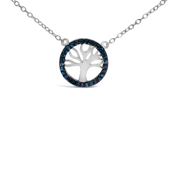 .925 Sterling Silver 1/6 Cttw Blue Diamond Tree of Life and Circle 18" Pendant Necklace (Blue Color, SI1-SI2 Clarity)