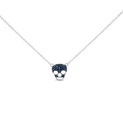 .925 Sterling Silver 1/7 Cttw Blue Diamond Skull Pendant Necklace (Blue Color, SI1-SI2 Clarity) - 18" Inches