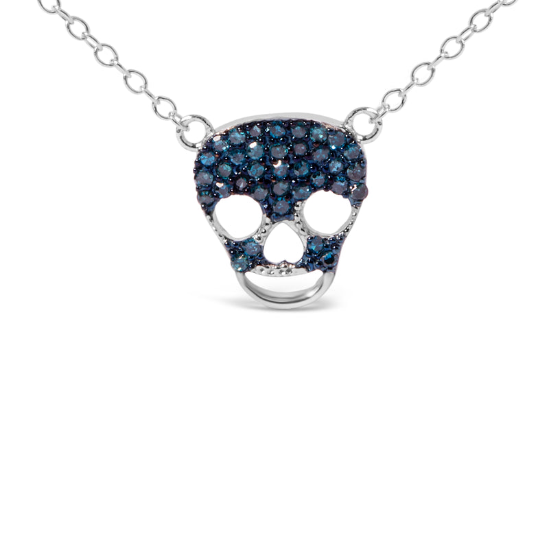 .925 Sterling Silver 1/7 Cttw Blue Diamond Skull Pendant Necklace (Blue Color, SI1-SI2 Clarity) - 18" Inches