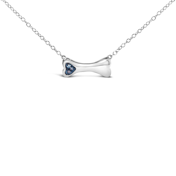 925 Sterling Silver Treated Blue Diamond Accent Dog Bone Charm 18" Pendant Necklace (Blue Color, I2-I3 Clarity)