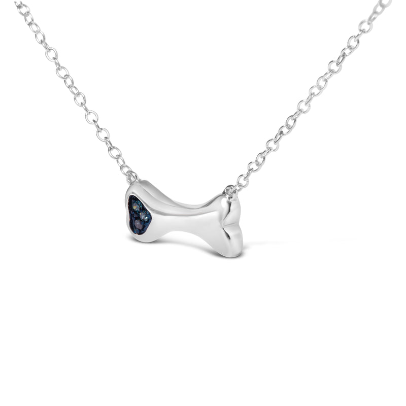 925 Sterling Silver Treated Blue Diamond Accent Dog Bone Charm 18" Pendant Necklace (Blue Color, I2-I3 Clarity)