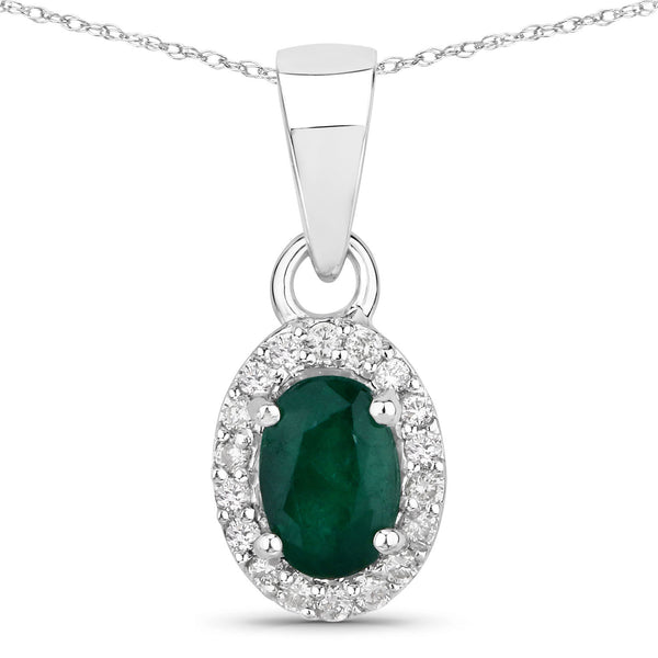 0.81 Carat Genuine Zambian Emerald and White Diamond 14K White Gold Pendant