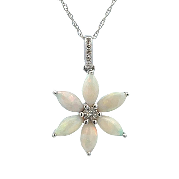 .02ct Opal Diamond Flower Pendant 14KT White Gold