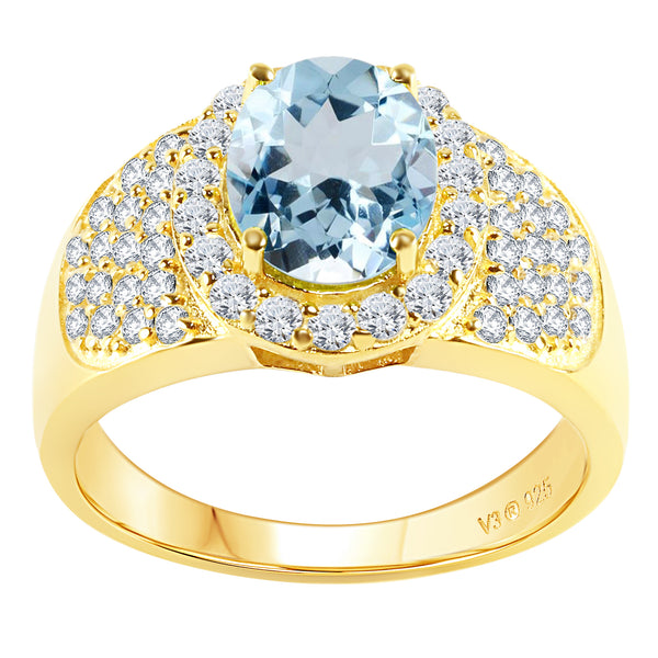 V3 Jewelry 18K Gold Plated 3.50 CT Natural Aquamarine & White Topaz Pavé Halo Ring