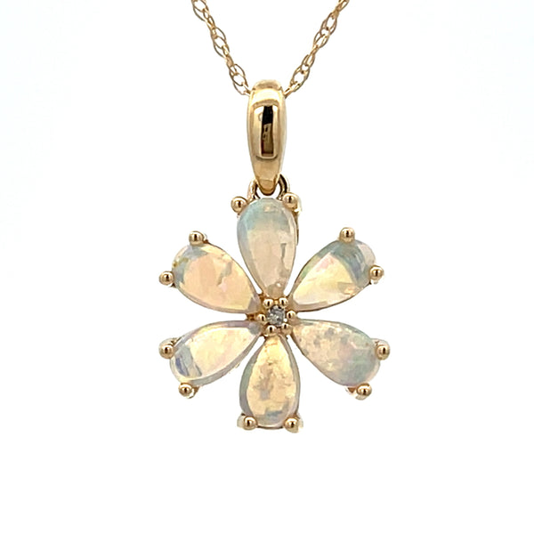 .01ct Opal Diamond Flower Pendant 14KT Yellow Gold