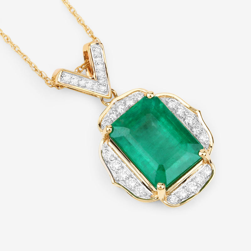 IGI Certified 4.40 Carat Genuine Zambian Emerald and White Diamond 14K Yellow Gold Pendant