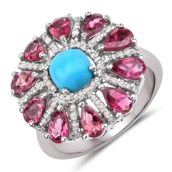 2.95 Carat Genuine Pink Tourmaline, Turquoise and White Diamond .925 Sterling Silver Ring