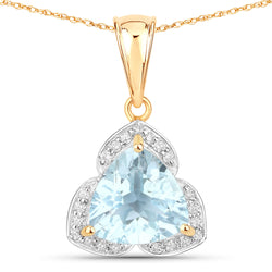 2.39 Carat Genuine Aquamarine and White Diamond 14K Yellow Gold Pendant