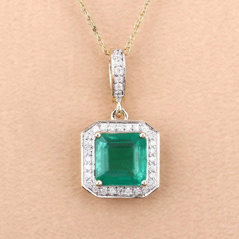 IGI Certified 2.01 Carat Genuine Zambian Emerald and White Diamond 14K Yellow Gold Pendant