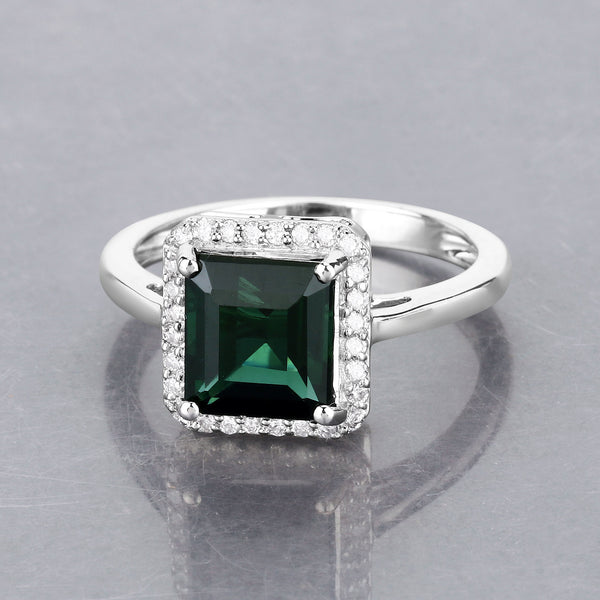 2.97 Carat Genuine Green Tourmaline and White Diamond 14K White Gold Ring