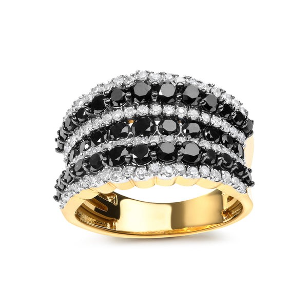 14K Yellow Gold Plated .925 Sterling Silver 1 3/4 Cttw Treated Black and White Alternating Diamond Multi Row Band Ring (Black / I-J Color, I2-I3 Clarity) - Size 7