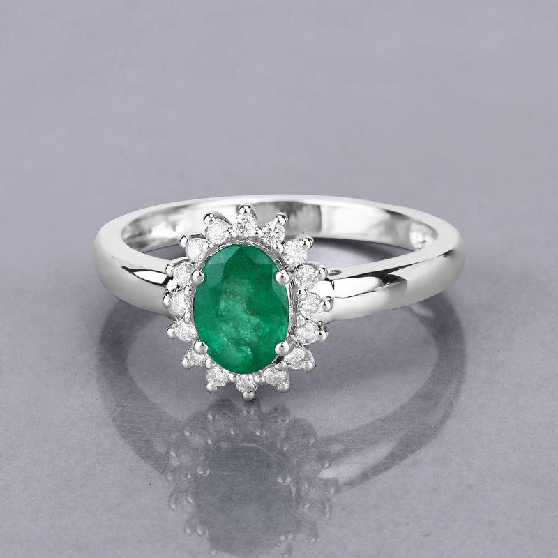 0.86 Carat Genuine Zambian Emerald and White Diamond 14K White Gold Ring