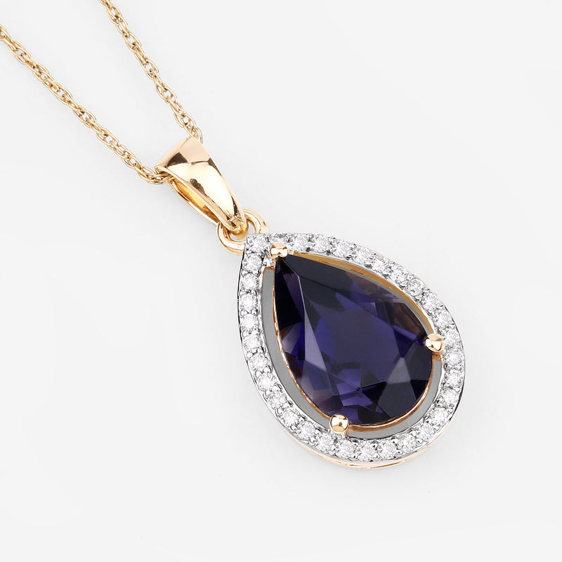 2.28 Carat Genuine Iolite and White Diamond 14K Yellow Gold Pendant