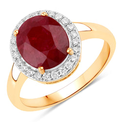 3.20 Carat Genuine Ruby and White Diamond 14K Yellow Gold Ring