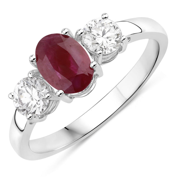 1.35 Carat Genuine Ruby and Lab Grown Diamond 14K White Gold Ring