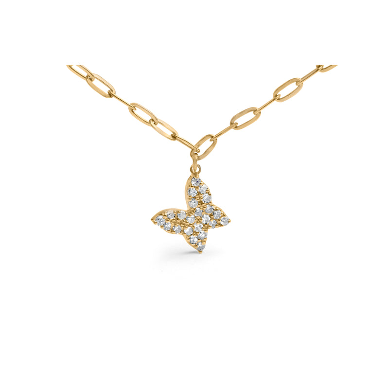 14KT Yellow Gold 1/2 Cttw Diamond Butterfly Station Paperclip Station Necklace (I-J Color, I1-I2 Clarity) - Adjustable 15"-17" Inches