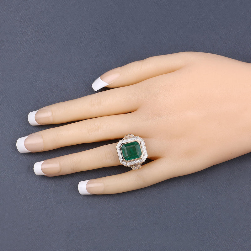 IGI Certified 4.57 Carat Genuine Zambian Emerald and White Diamond 14K Yellow Gold Ring