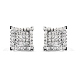 10K White Gold 1 1/4 Cttw Princess Diamond Composite Double Square and Halo Stud Earrings (I-J Color, I1-I2 Clarity)