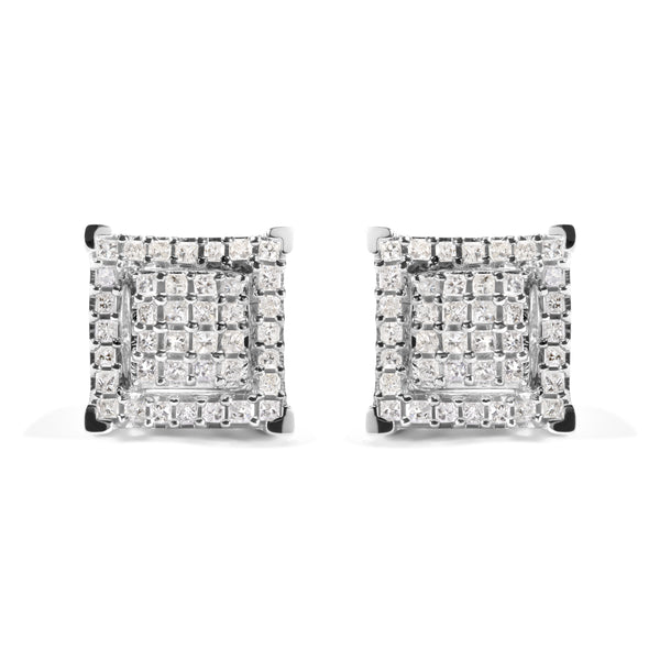 10K White Gold 1 1/4 Cttw Princess Diamond Composite Double Square and Halo Stud Earrings (I-J Color, I1-I2 Clarity)