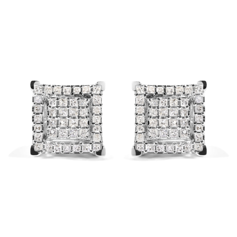 10K White Gold 1 1/4 Cttw Princess Diamond Composite Double Square and Halo Stud Earrings (I-J Color, I1-I2 Clarity)