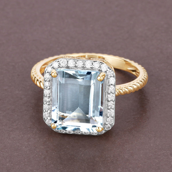 4.13 Carat Genuine Aquamarine and White Diamond 14K Yellow Gold Ring