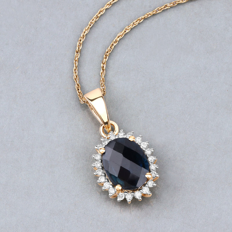 2.12 Carat Genuine Blue Sapphire and White Diamond 14K Yellow Gold Pendant