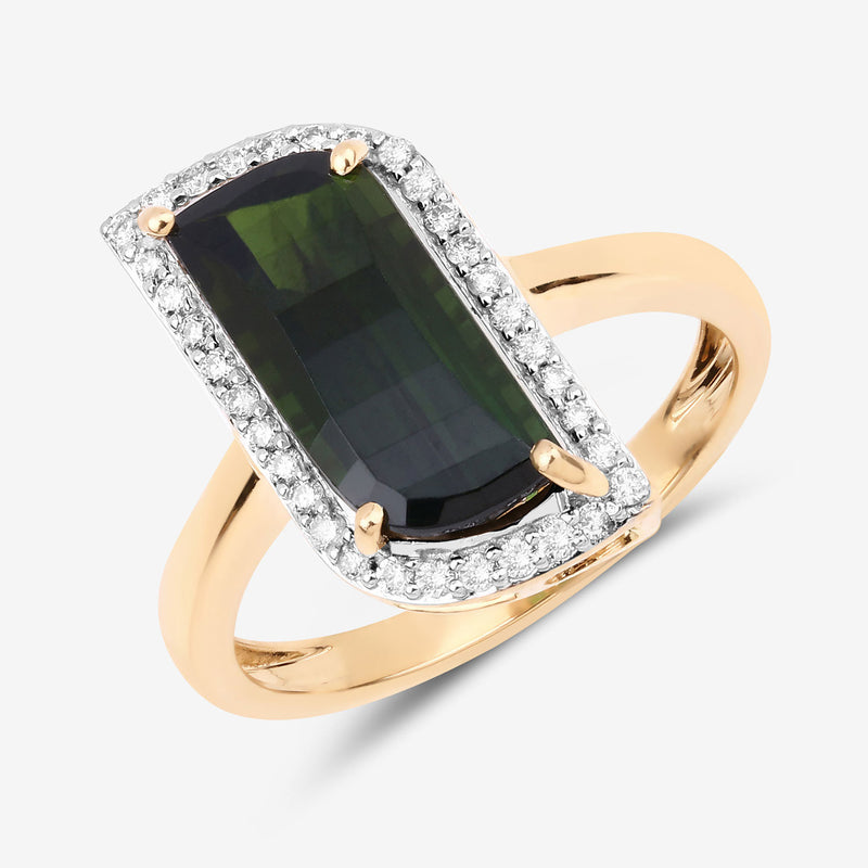 3.73 Carat Genuine Green Tourmaline and White Diamond 14K Yellow Gold Ring