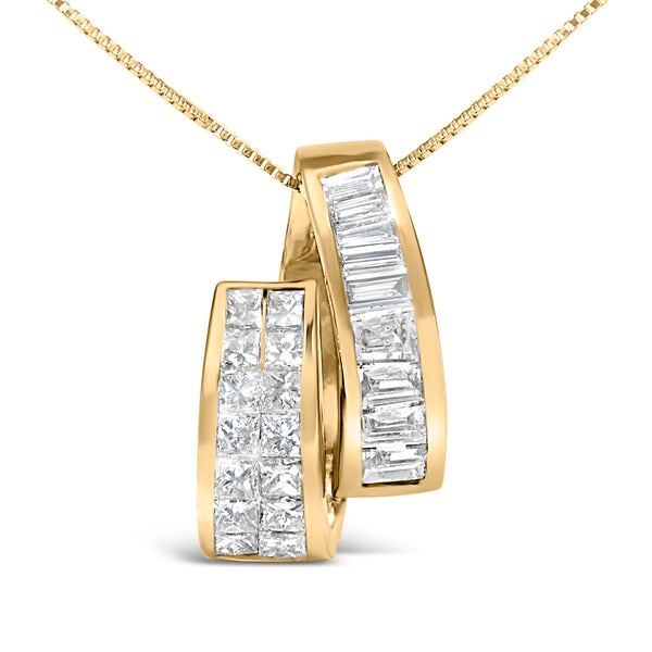 14K Yellow Gold 1 5/8 Cttw Princess and Baguette Diamond Duo Bar Pendant Necklace (G-H Color, VS2-SI1 Clarity) - 18"