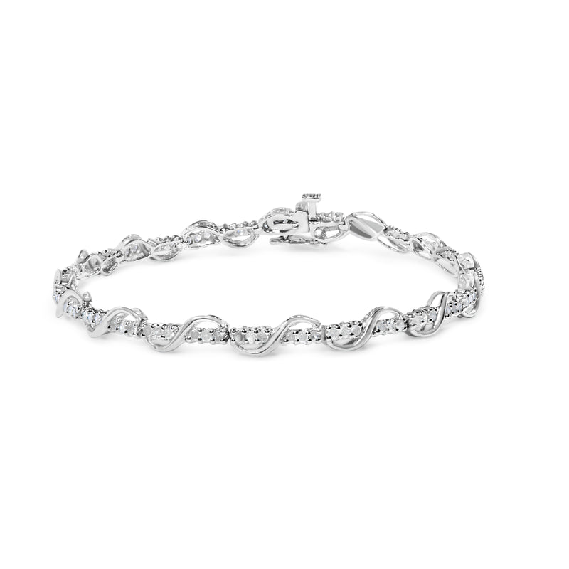 10K White Gold 1.00 Cttw Round-Cut Diamond Tennis Bracelet with Swirl Link (H-I Color, I3 Clarity) - 7" Inches