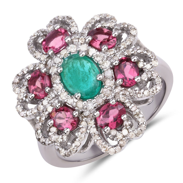 2.53 Carat Genuine Pink Tourmaline, Emerald and White Diamond .925 Sterling Silver Ring