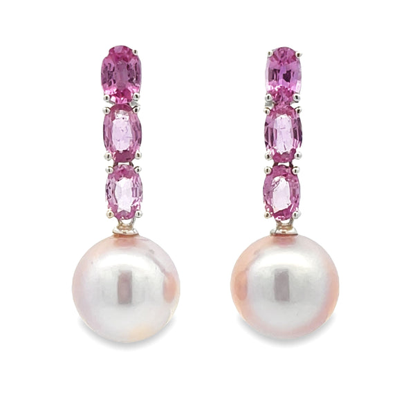 FW Pearl Pink Sapphire Dangle Earrings 18KT White Gold