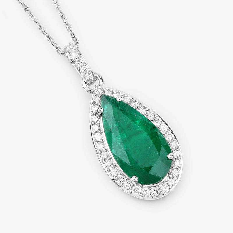 IGI Certified 3.66 Carat Genuine Zambian Emerald and White Diamond 14K White Gold Pendant