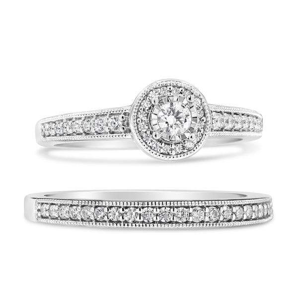 .925 Sterling Silver 1/2 Ctw Diamond Halo and Milgrain Engagement Ring Bridal Set (I-J Color, I3 Clarity) - Ring Size 7