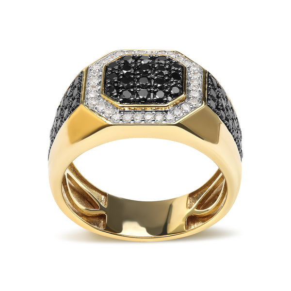 Men's 14K Yellow Gold Plated .925 Sterling Silver 1 1/4 Cttw White and Black Diamond Signet Style Band Ring (Black / I-J Color, I2-I3 Clarity) - Size 10