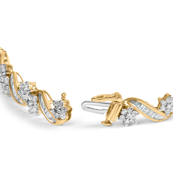 10k Yellow Gold 3.00 Cttw Round-Cut and Baguette-Cut Floral Link 7.25" Bracelet (I-J Color, I1-I2 Clarity)