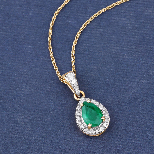 0.77 Carat Genuine Zambian Emerald and White Diamond 14K Yellow Gold Pendant